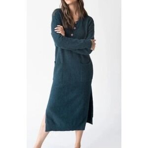 Natural Life Teal  Midi Dress Sweater Gown Pajamas Floral Buttons NWT Large